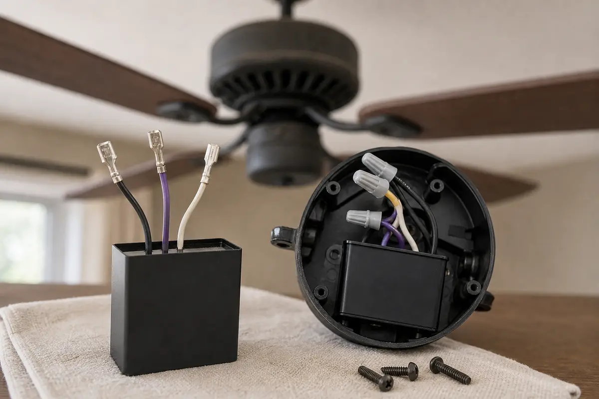 Replacement ceiling fan capacitor beside an open switch housing for label matching