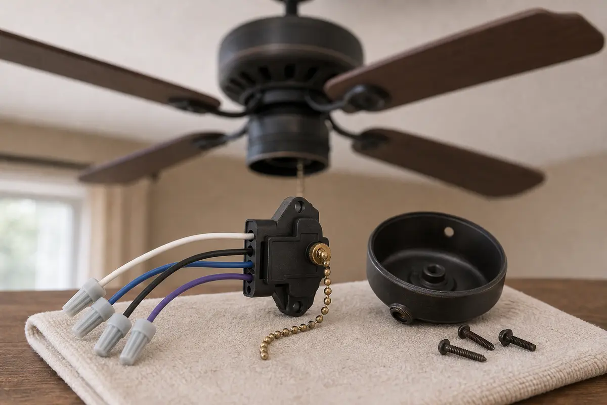 Ceiling fan pull-chain speed switch beside removed switch housing parts