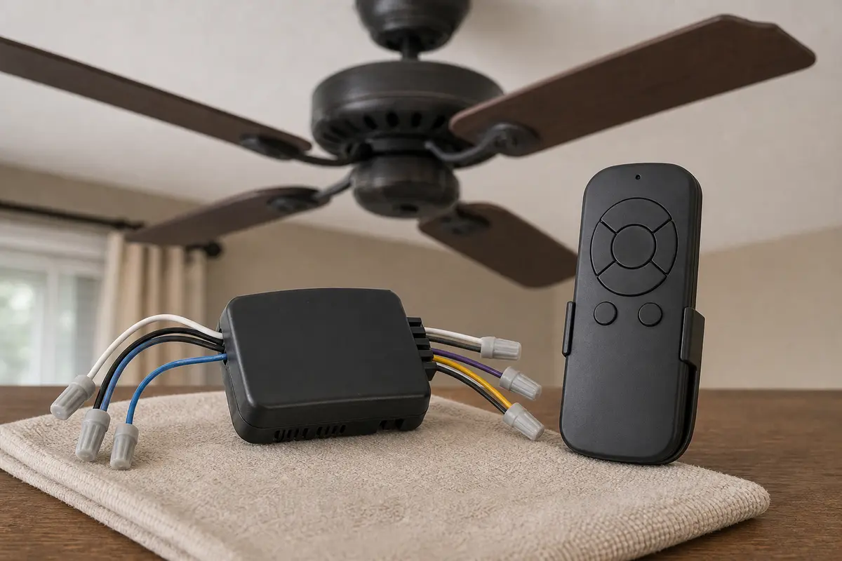 Ceiling fan remote receiver kit with receiver module and handheld remote