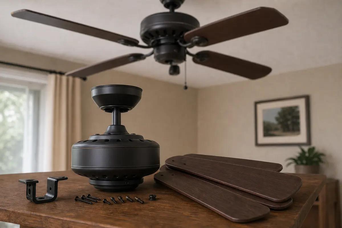 New ceiling fan parts laid out below an older fan during a burning-smell replacement decision