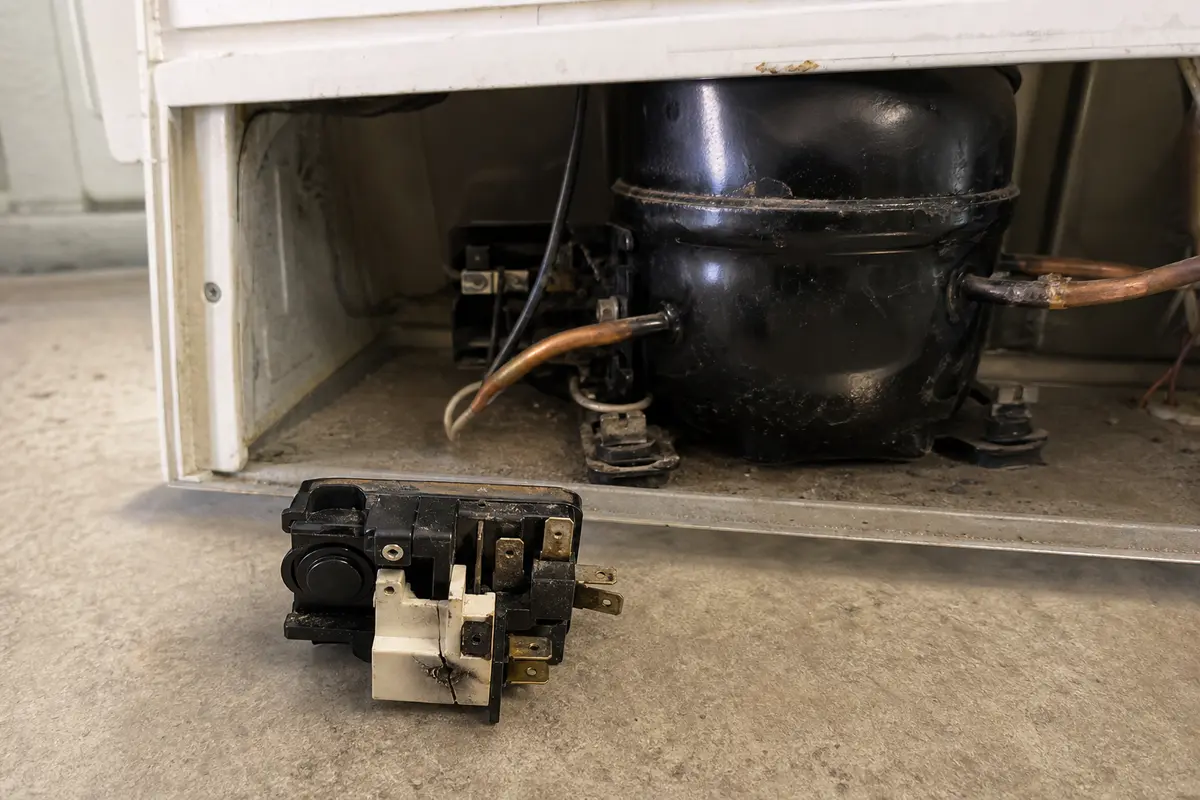 Freezer compressor start relay and overload assembly removed beside a chest freezer compressor