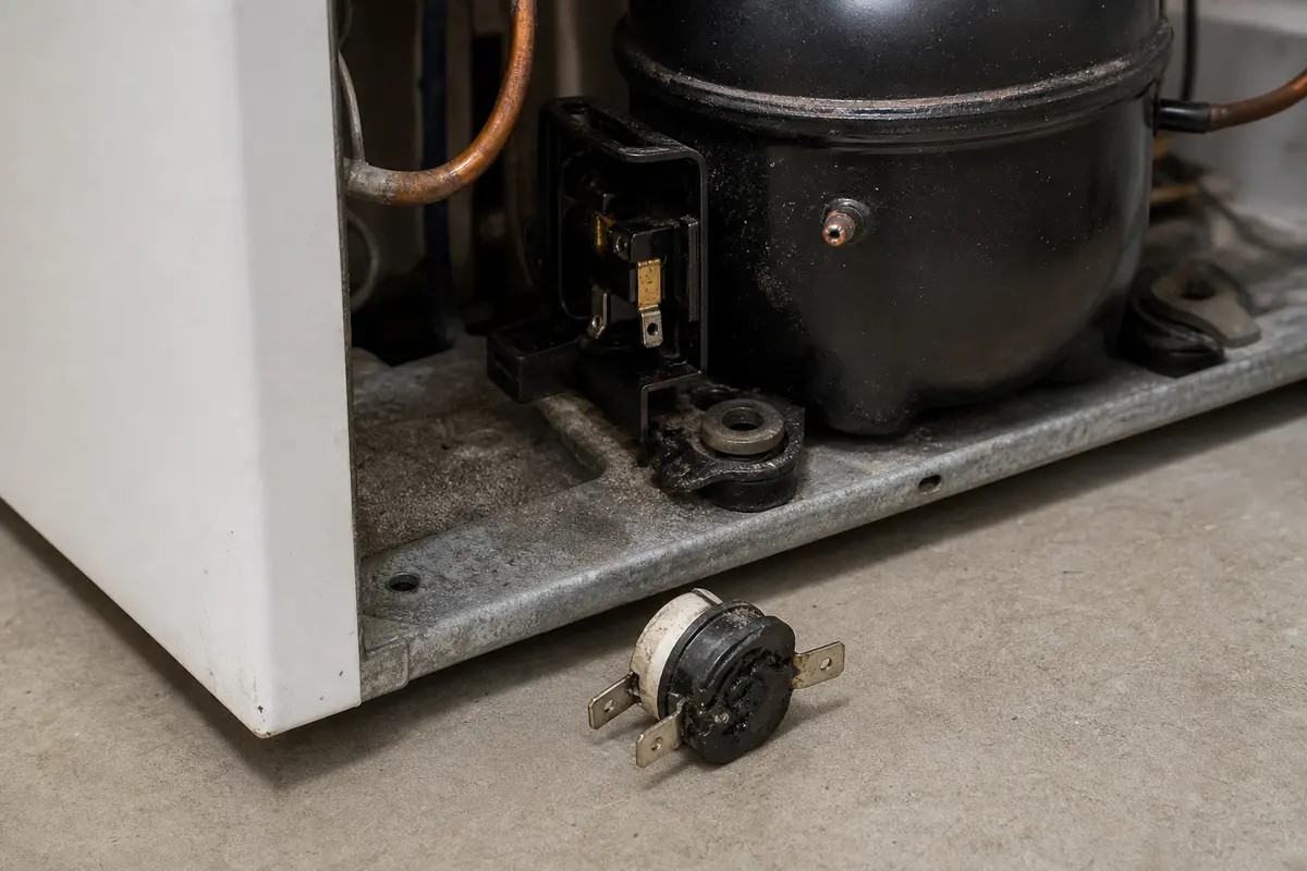 Freezer overload protector positioned next to the compressor start relay on a chest freezer