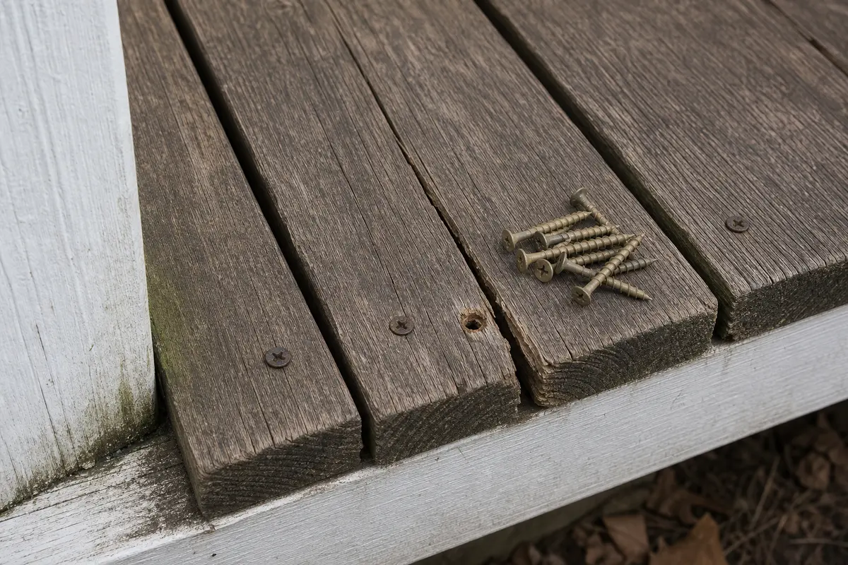 Exterior coated deck screws for refastening a sound deck board