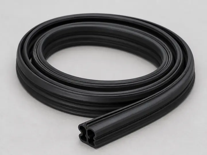 Black dishwasher door gasket coiled to show seal profile