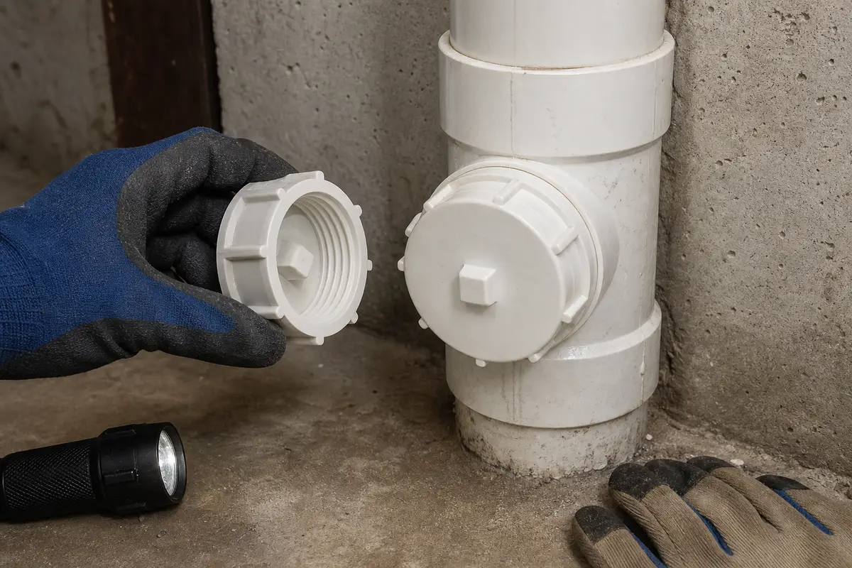 Replacement drain cleanout cap compared beside a closed cleanout after storm gurgling