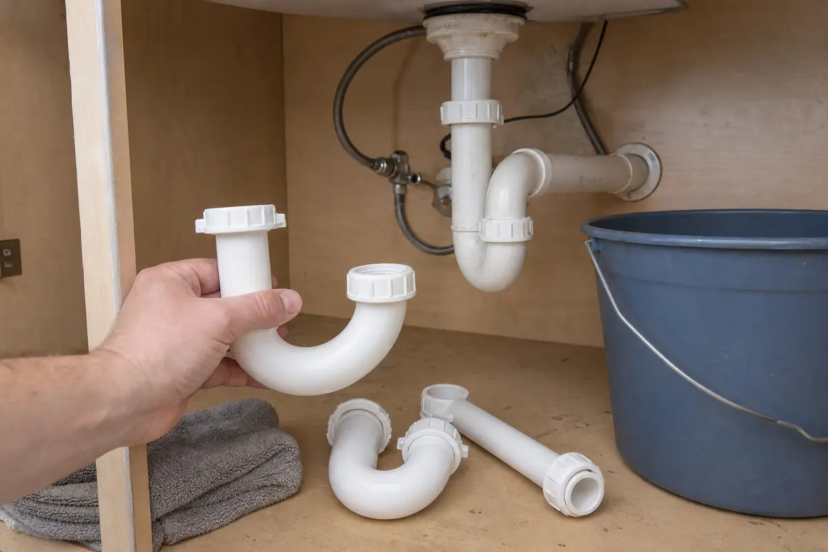 Sink drain P-trap kit compared under a sink after local gurgle diagnosis