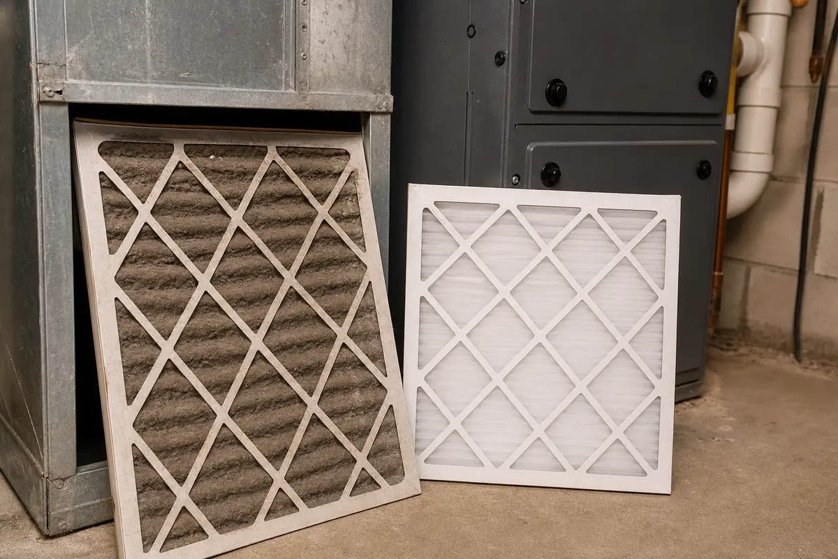 Dirty furnace filter compared with clean replacement for no hot air diagnosis