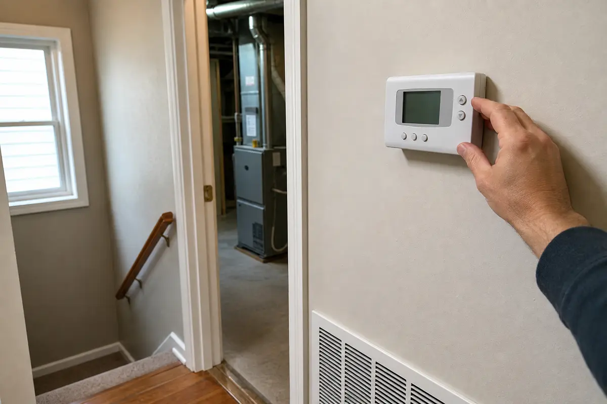 Wall thermostat near a furnace room checked before opening the furnace cabinet