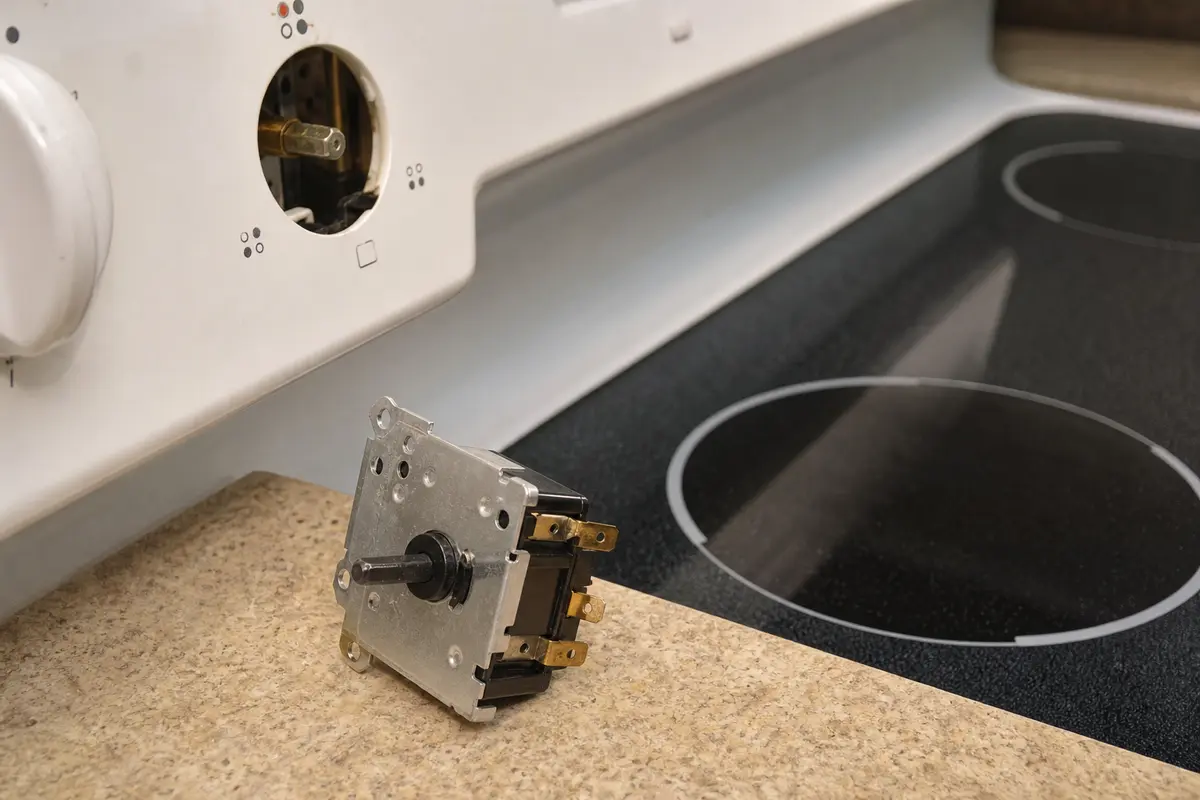 Cooktop burner switch shaft visible behind a control panel opening