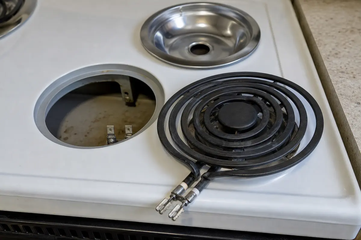 Plug-in electric coil surface element lifted beside its burner receptacle