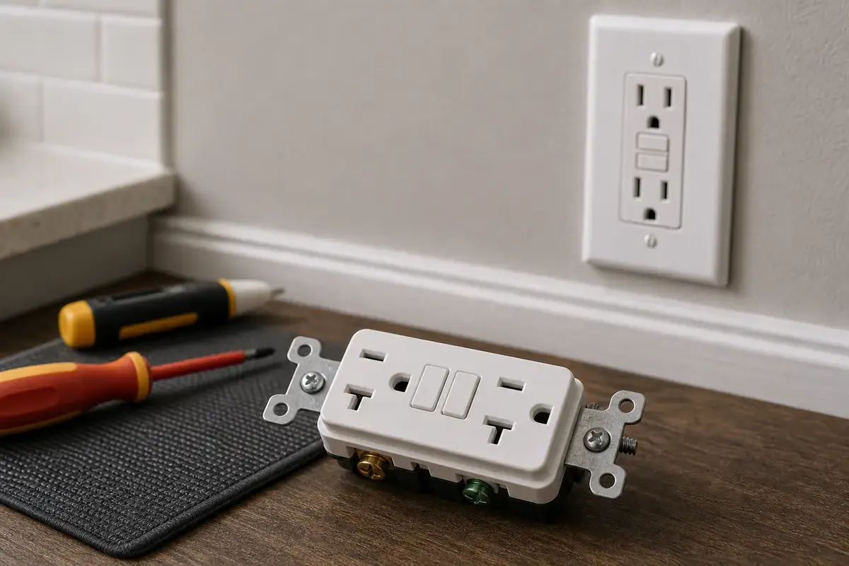 Standard GFCI receptacle staged with tester for confirmed failed device replacement
