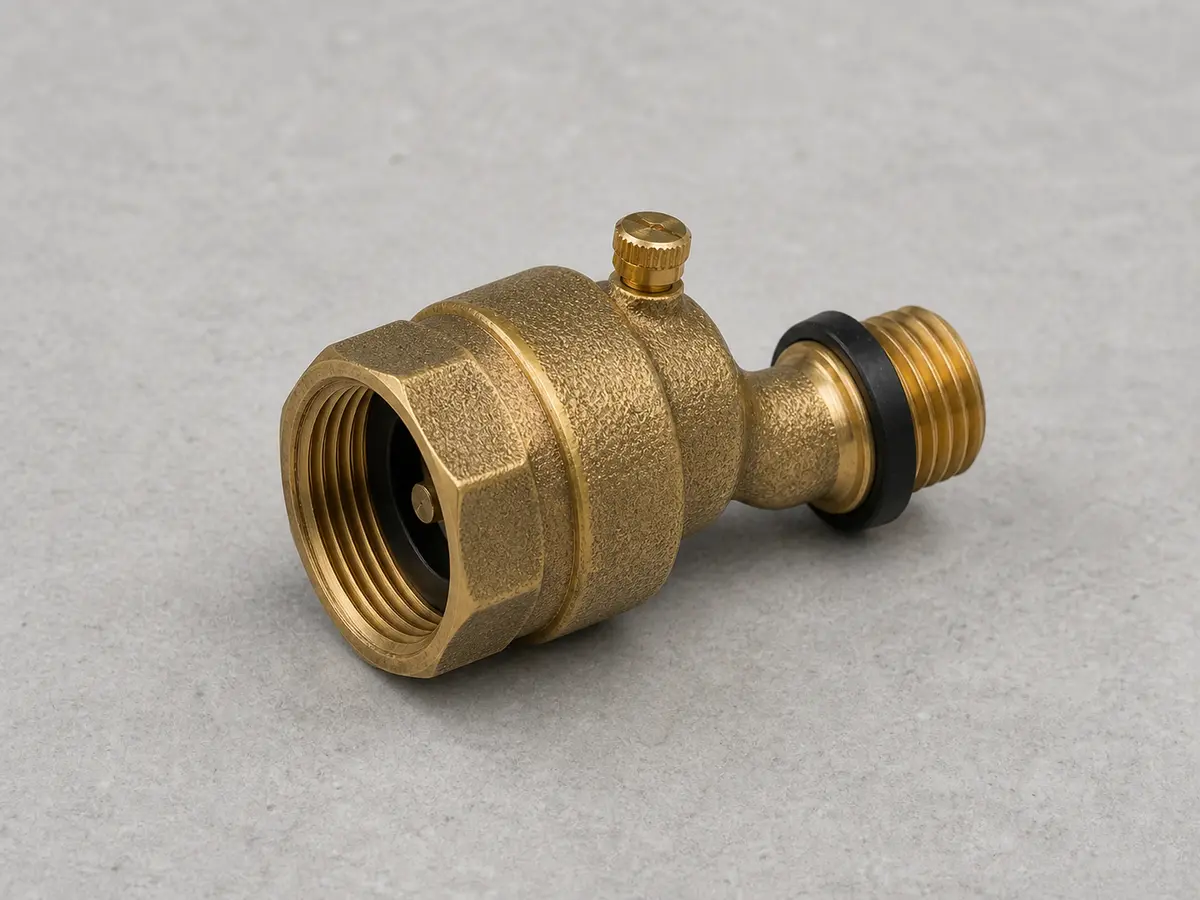 Replacement brass hose bib vacuum breaker with outlet threads and sealing washer