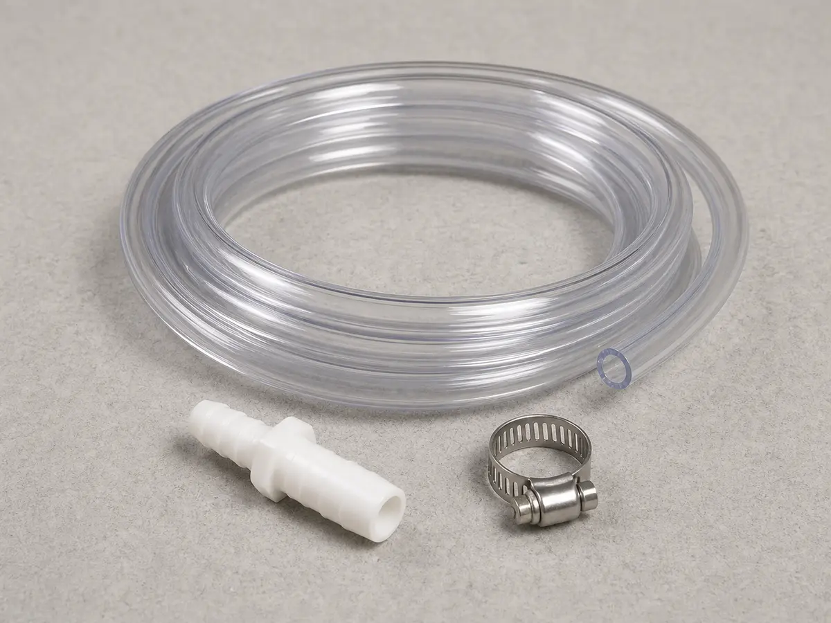 Replacement clear humidifier drain tubing with adapter and clamp