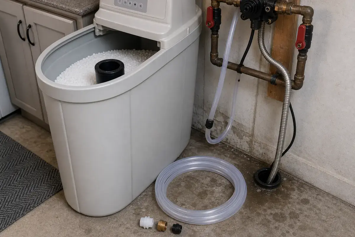Water softener brine line tubing shown before matching fittings and route
