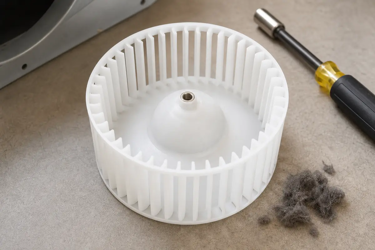 White plastic dryer blower wheel with center hub