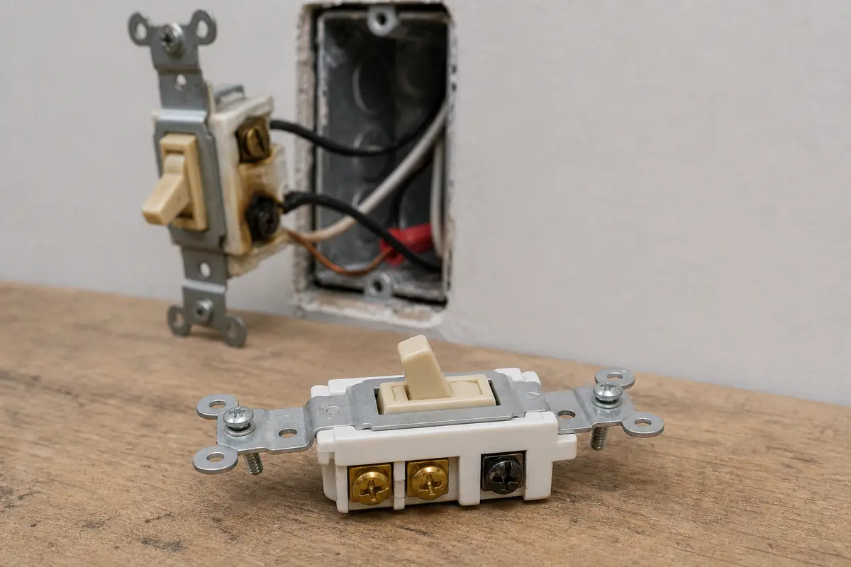 Replacement 3-way toggle light switch with common and traveler terminals