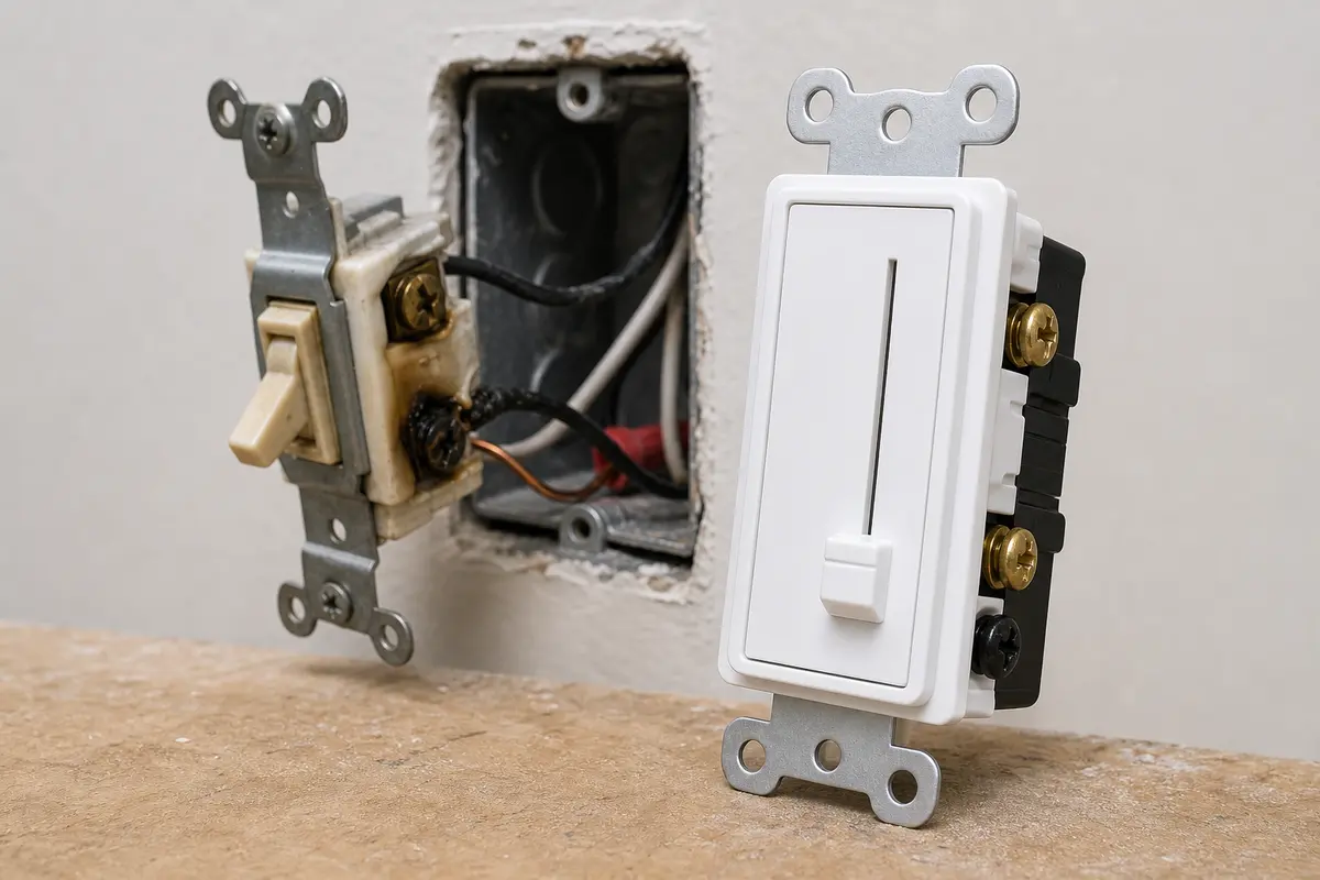 LED-compatible wall dimmer switch with side terminal screws