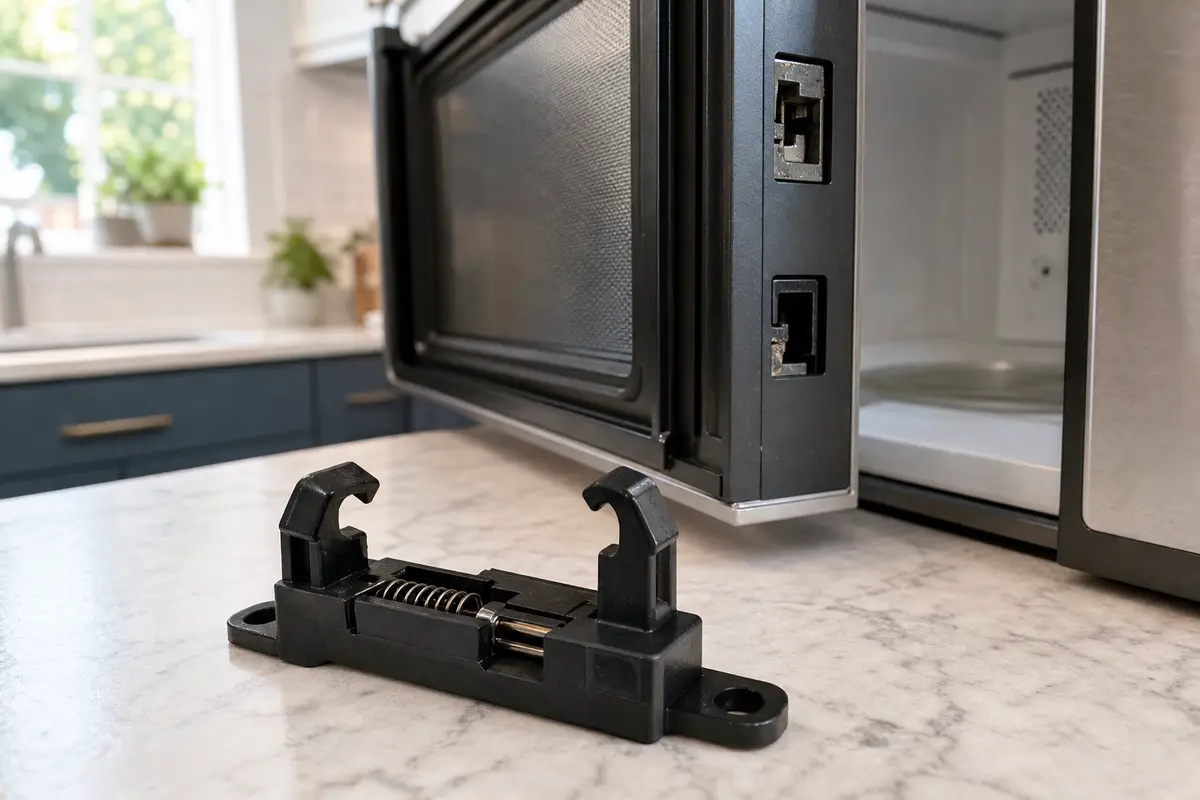 Microwave door latch replacement part shown beside the latch openings
