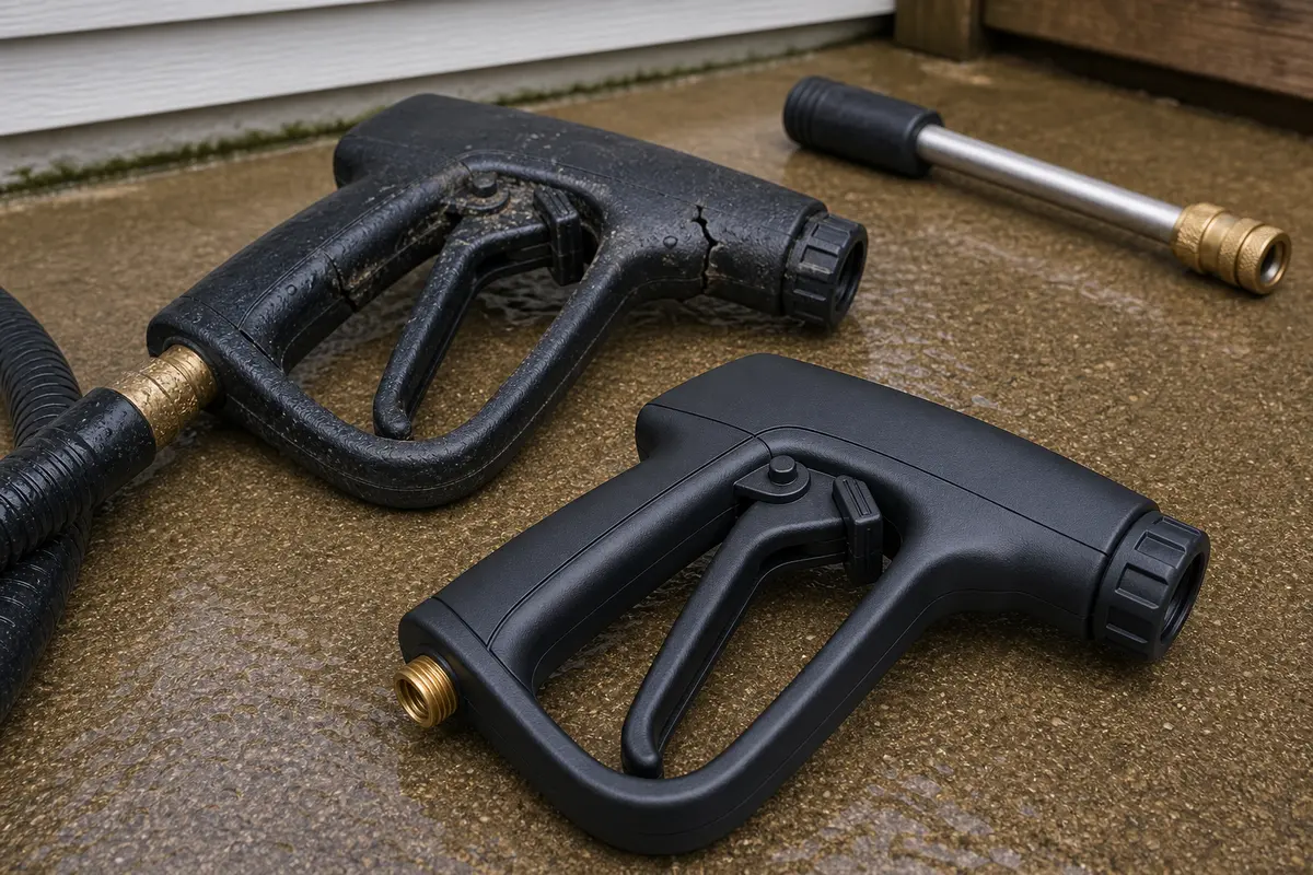 Replacement pressure washer trigger gun for a stuck leaking or unreliable trigger