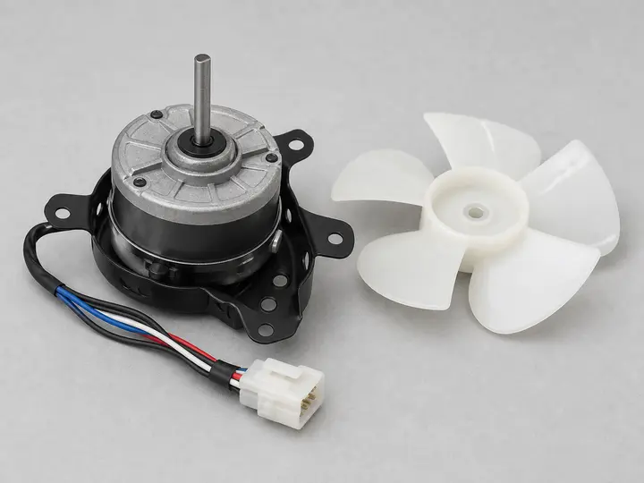Refrigerator condenser fan motor with bracket, blade, and connector
