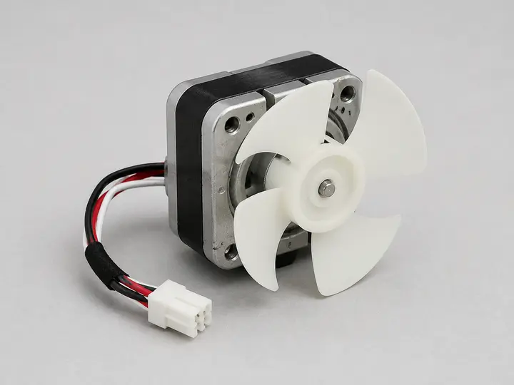Freezer evaporator fan motor assembly with blade and wiring connector