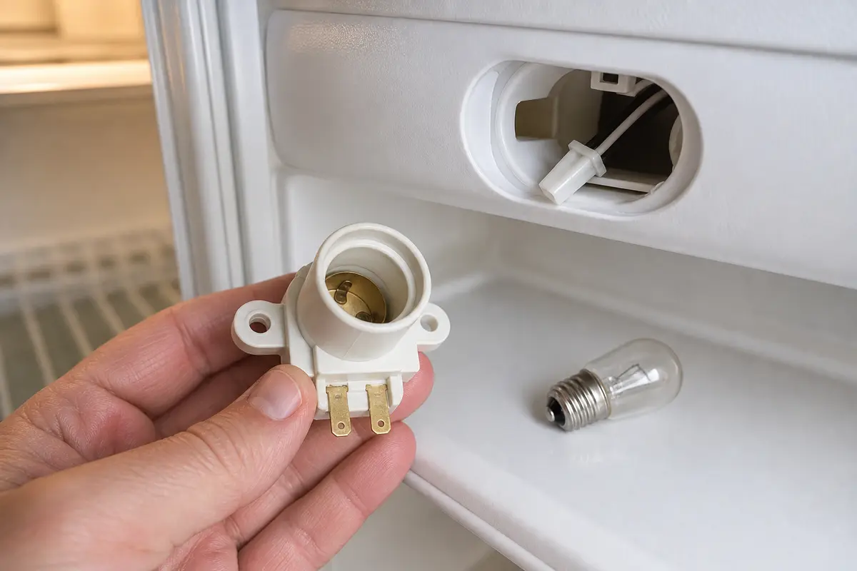 Model matched refrigerator light socket aligned with mounting tabs and wire terminals