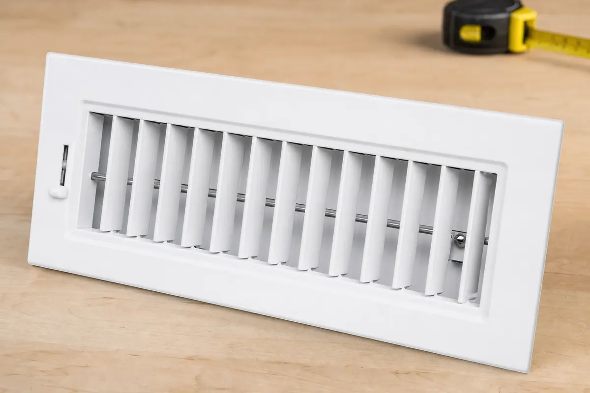 White ceiling supply register with louvers and built-in damper