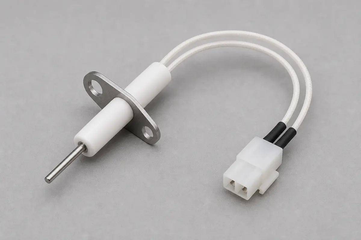 Replacement gas dryer flame sensor with ceramic body, sensing rod, bracket, and connector