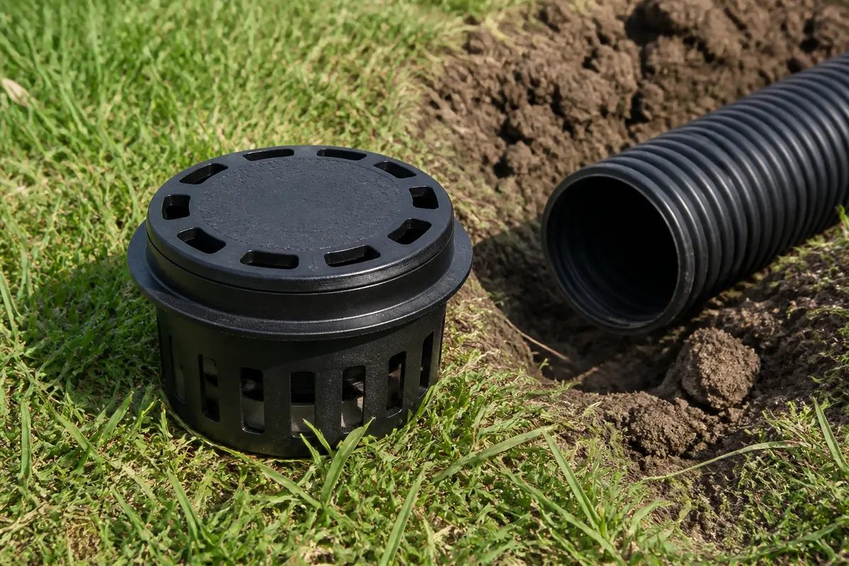 Pop up emitter dry fit beside an exposed lawn drain pipe