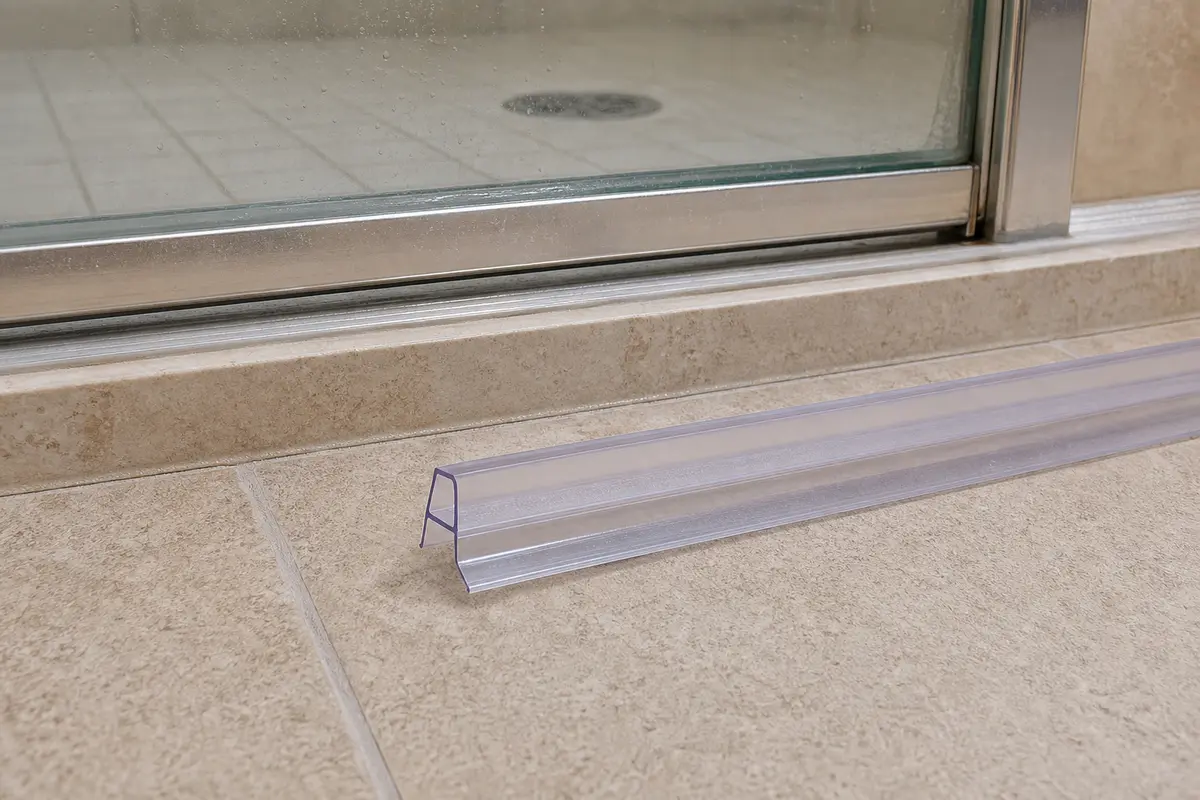 Clear vinyl shower door sweep with drip fins for sealing the bottom threshold