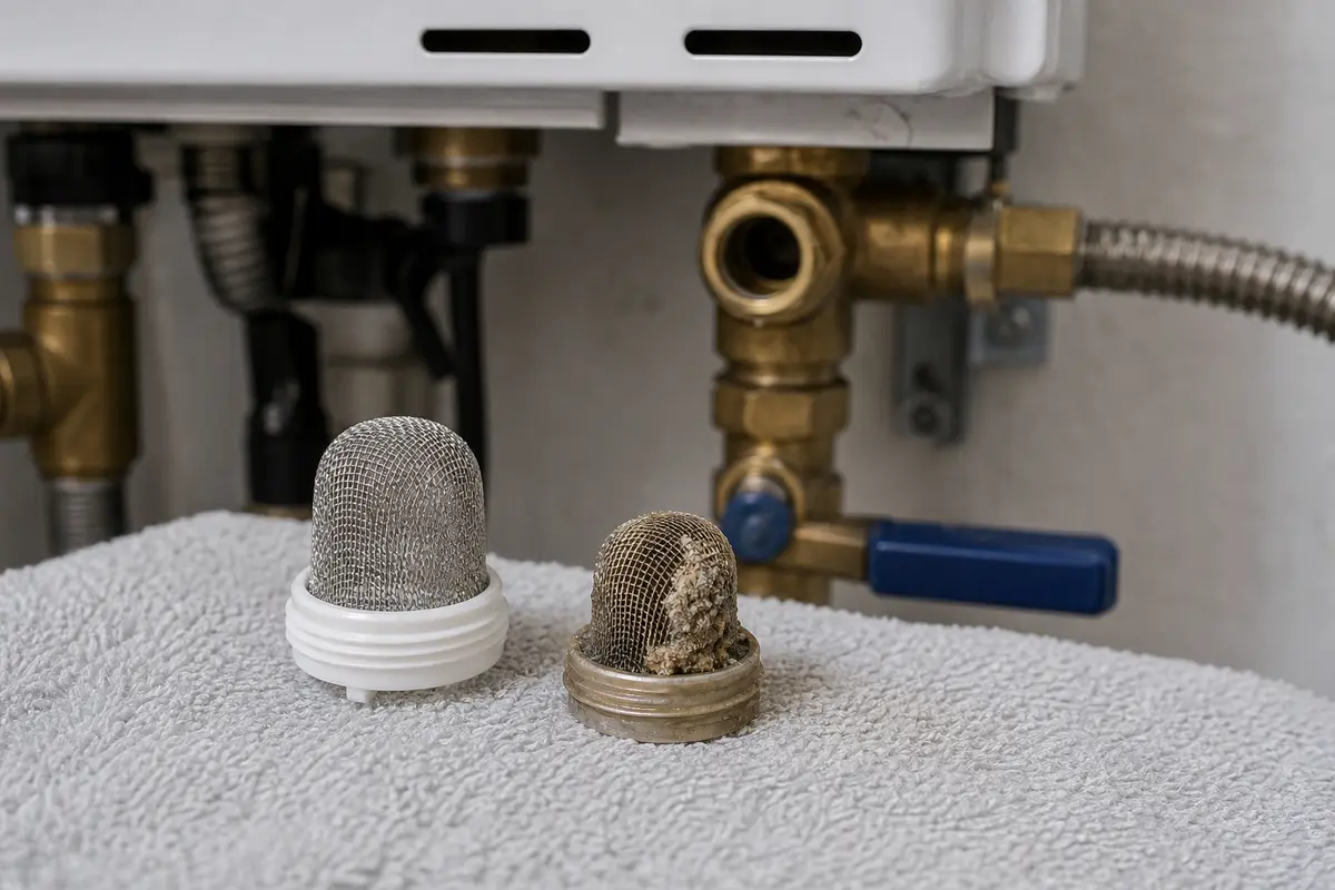 Tankless water heater inlet screen replacement for the cold water inlet port