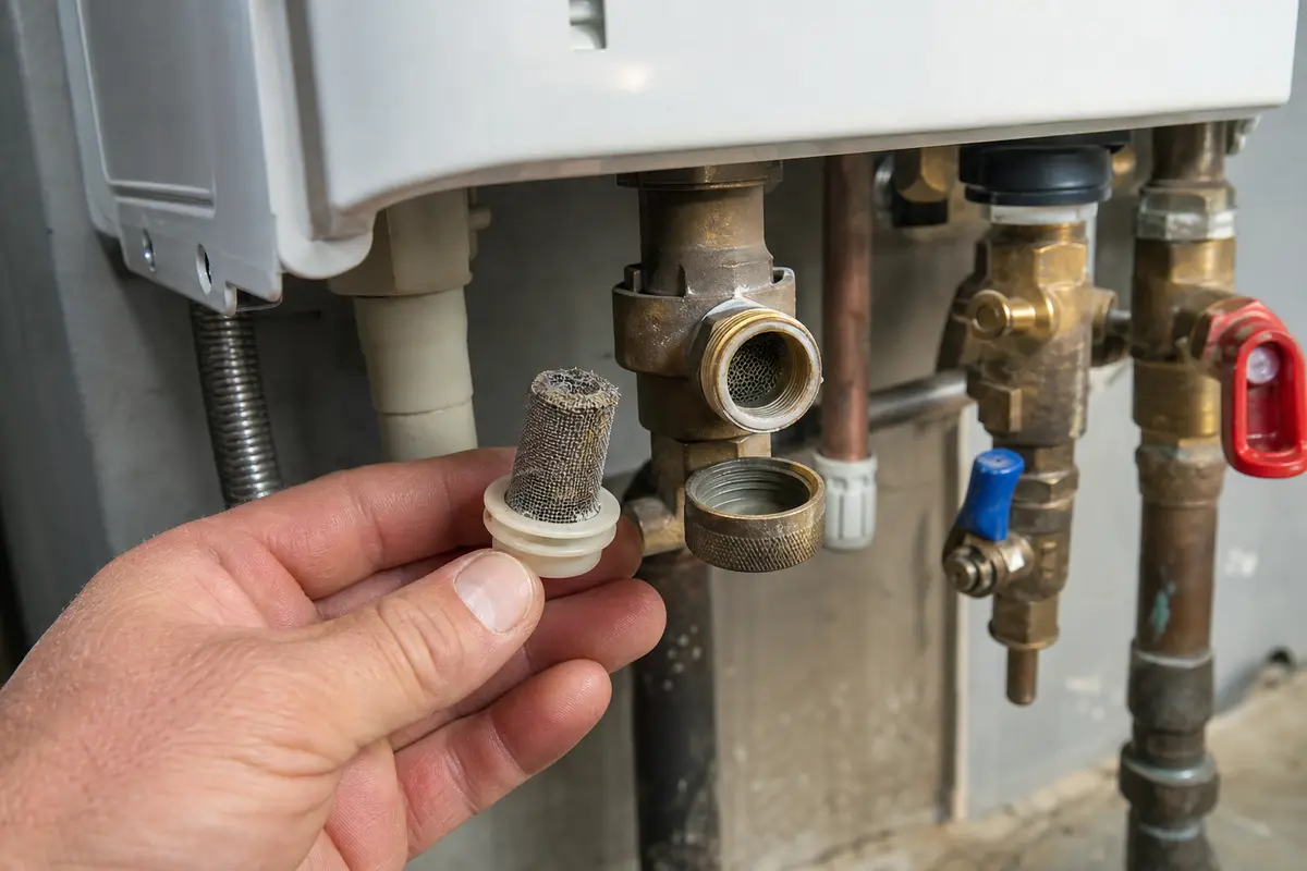 Rinnai tankless water heater inlet screen removed for inspection