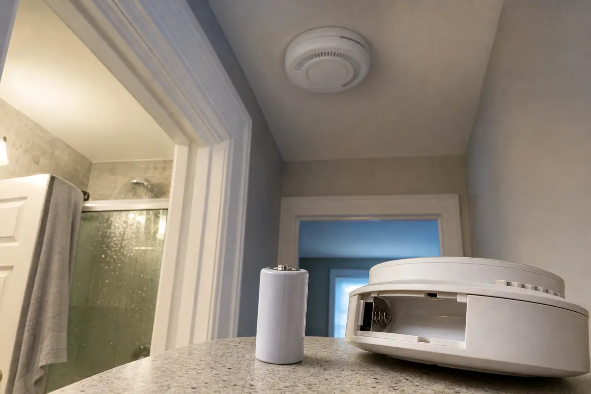 Smoke detector battery shown in the repair area for smoke detector goes off when shower runs