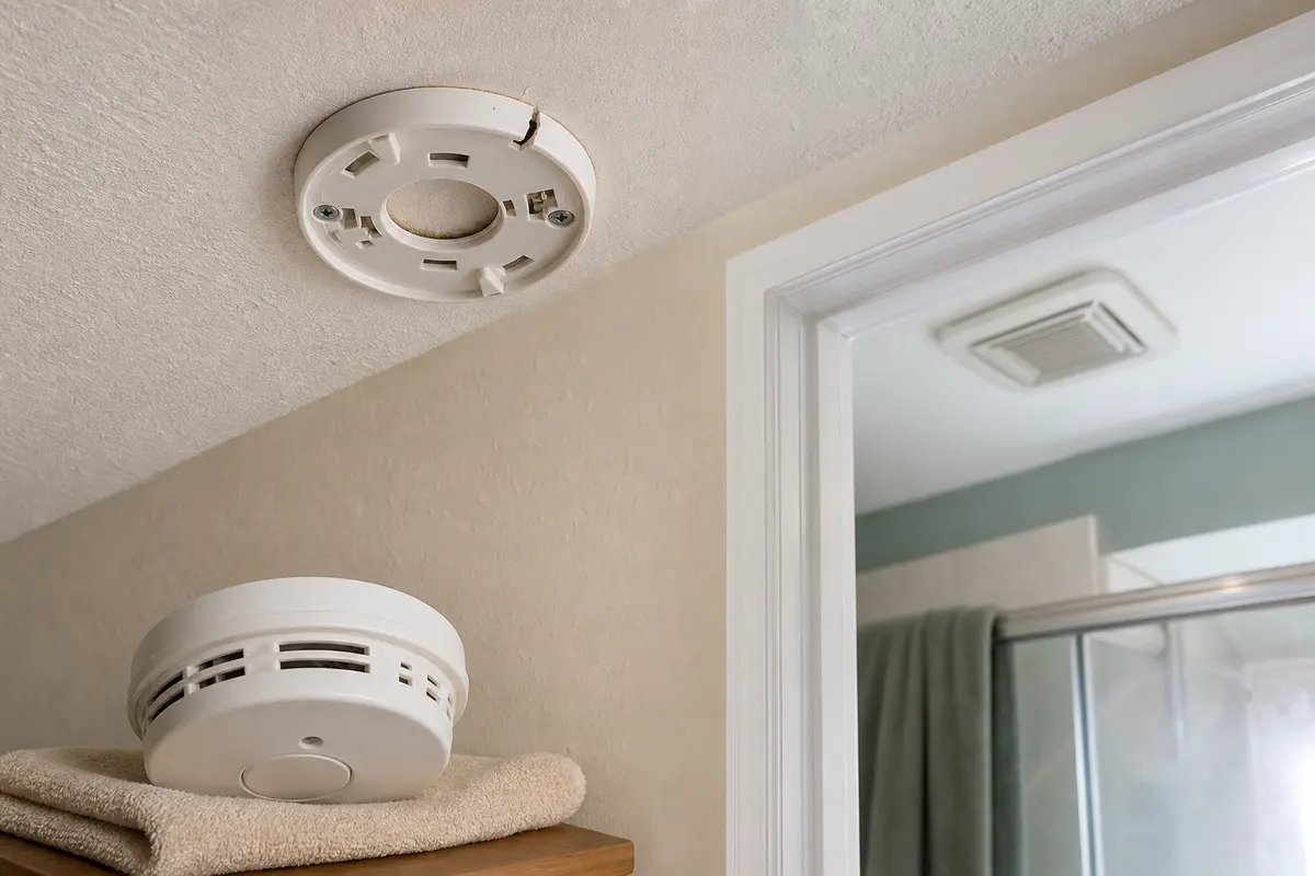 Smoke detector mounting plate shown in the repair area for smoke detector goes off when shower runs