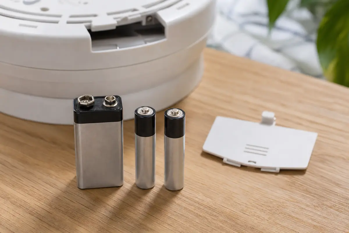 Fresh smoke detector batteries for matching the detector label