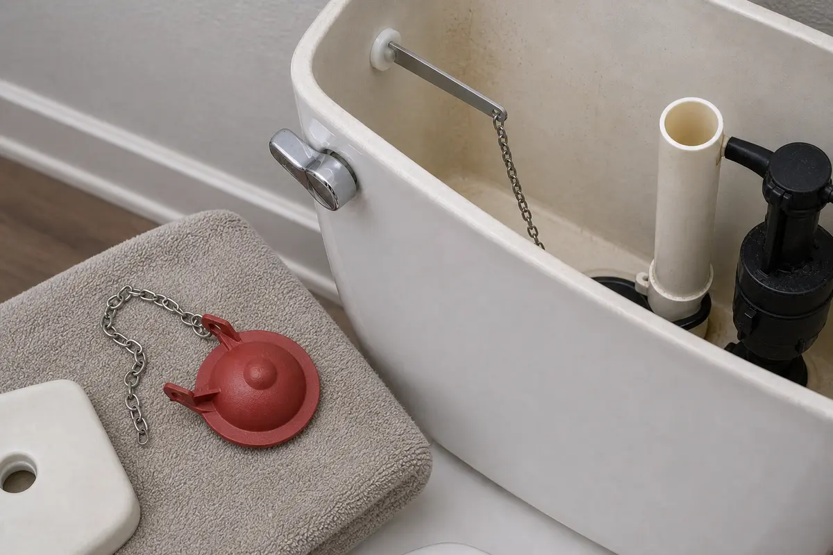 Toilet flapper shown in the repair area for toilet handle wont return