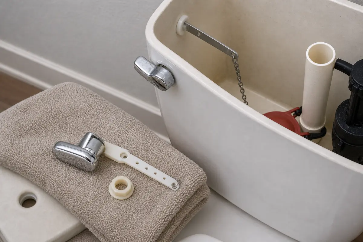Toilet trip lever shown in the repair area for toilet handle wont return