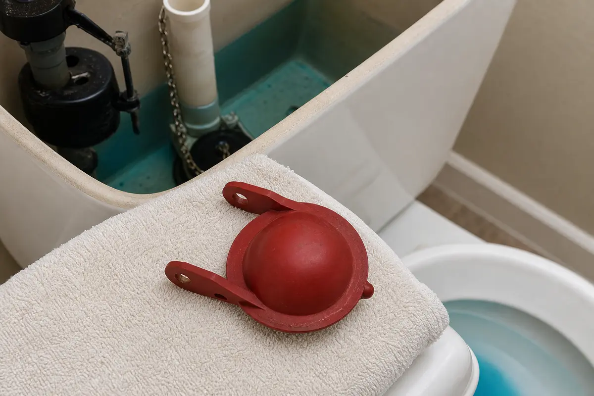 Toilet flapper checked after a dye test on a toilet that keeps running