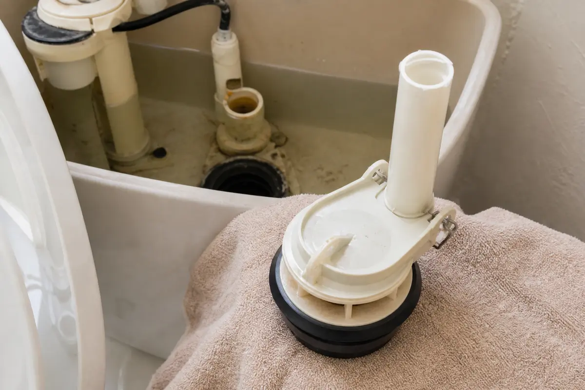 Toilet flush valve seat checked after flapper and water-level tests