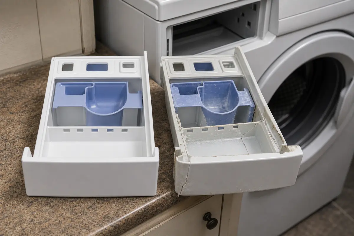 Replacement washer dispenser drawer compared with the original drawer layout