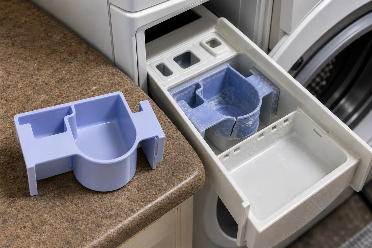 Replacement washer fabric softener insert shown next to the original dispenser drawer