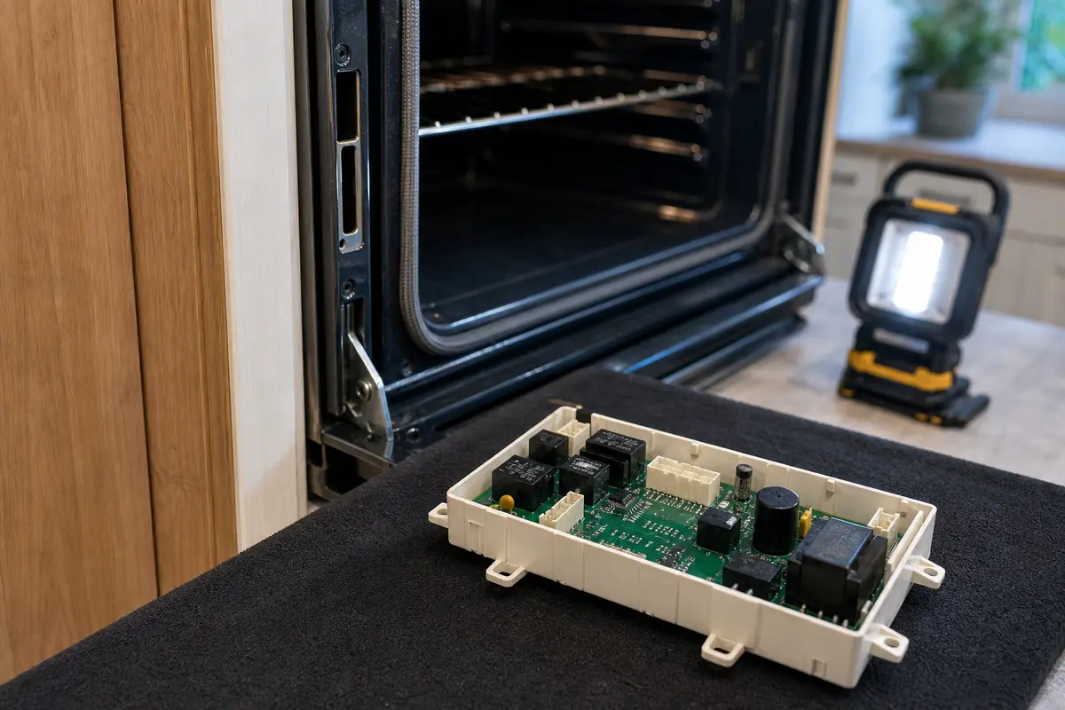 Oven control board staged near an oven after latch and switch checks for F5E1