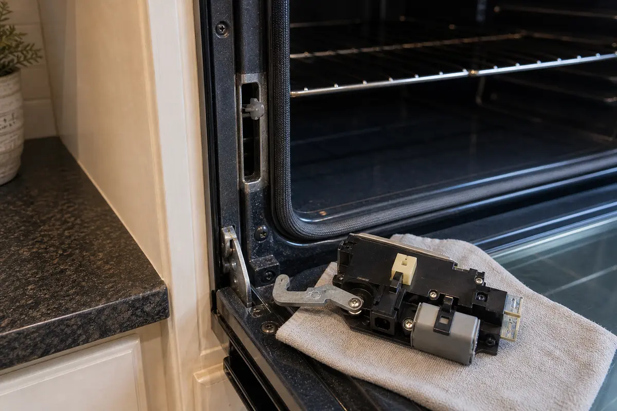 Oven door latch assembly staged by the latch opening for Whirlpool F5E1 diagnosis