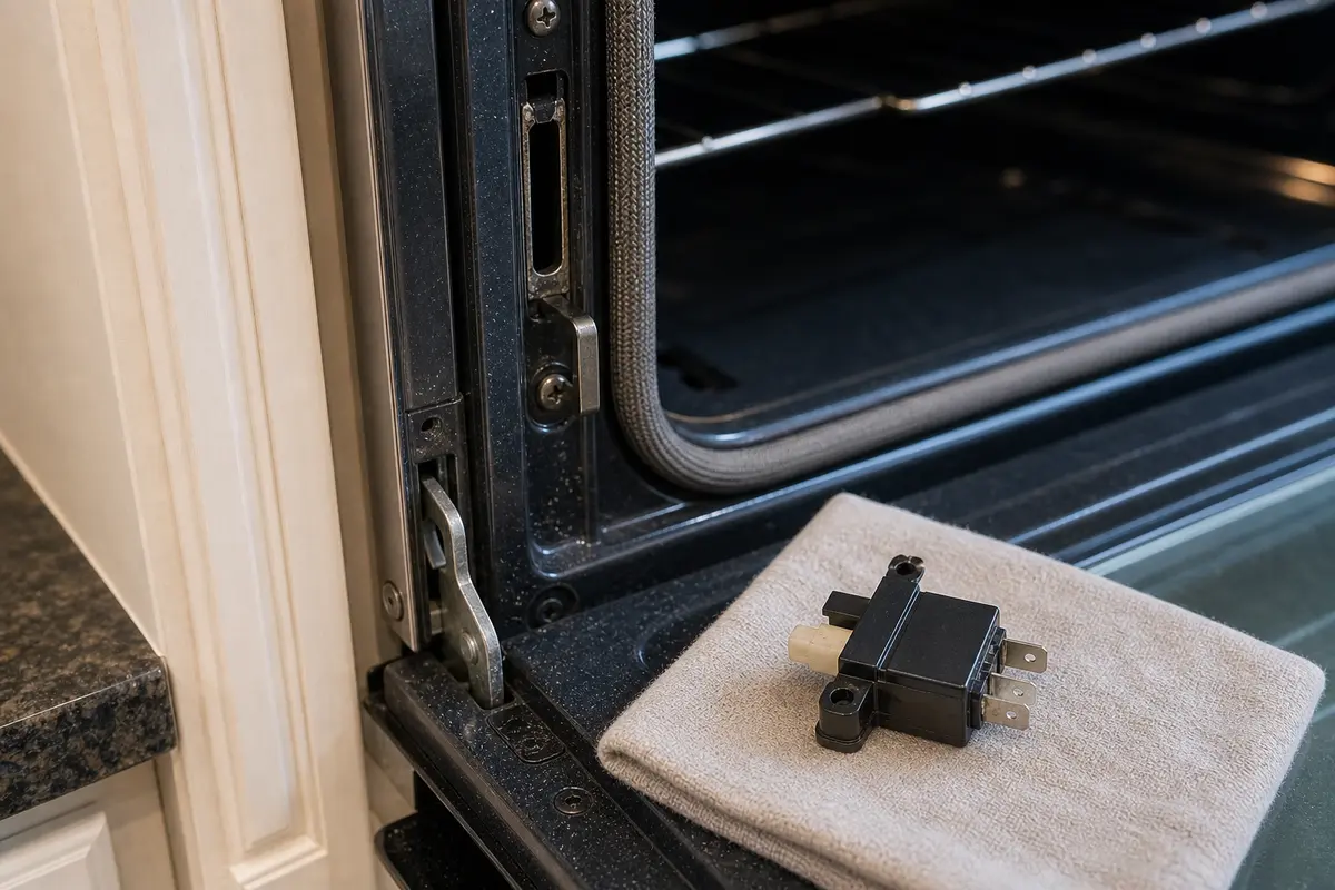 Oven door switch staged near the oven frame for Whirlpool F5E1 signal checks