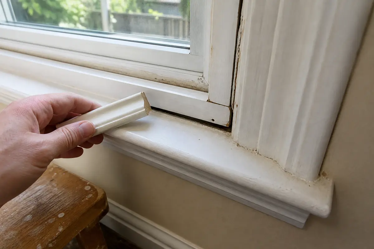 Interior window stop molding piece staged near a rattling trim gap