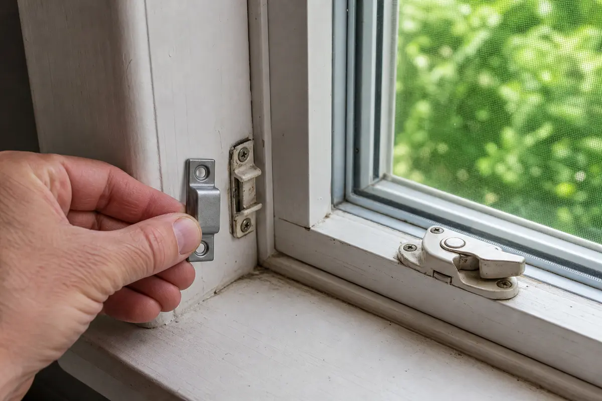 Window lock keeper held near a loose meeting rail before replacement