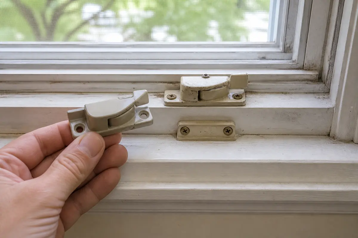Replacement window sash latch compared with screw spacing on a rattling window