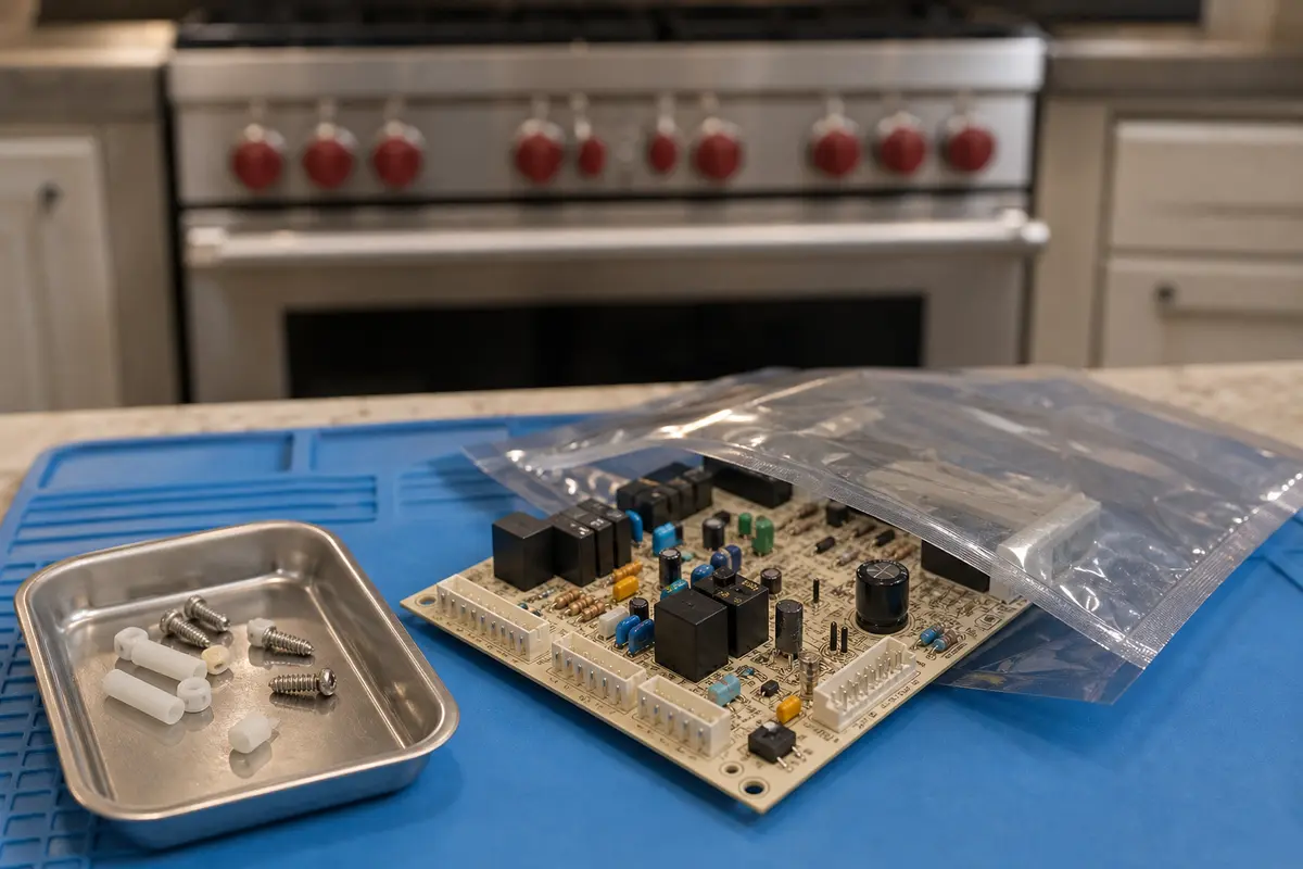 Electronic range control board on an antistatic mat as a later diagnosis part for code 01