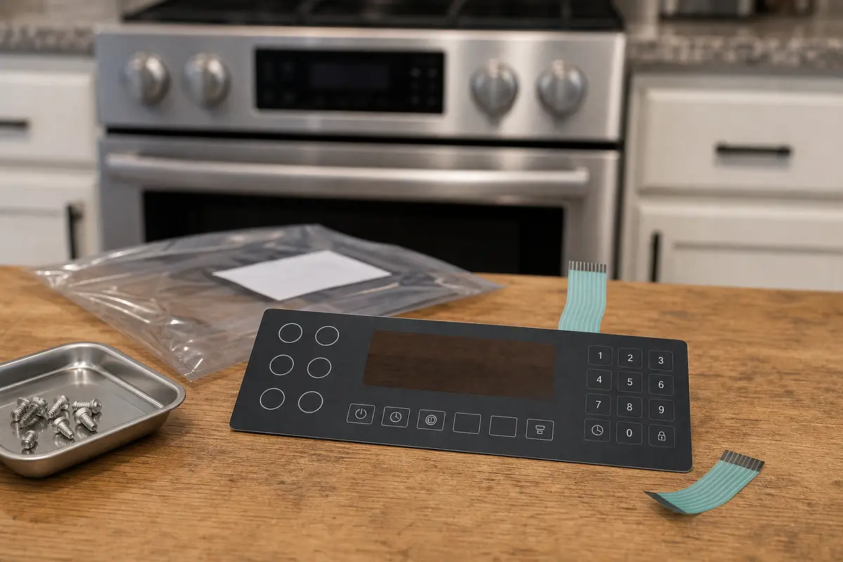 Replacement range keypad staged loose on a workbench after a stuck-key code 01 diagnosis