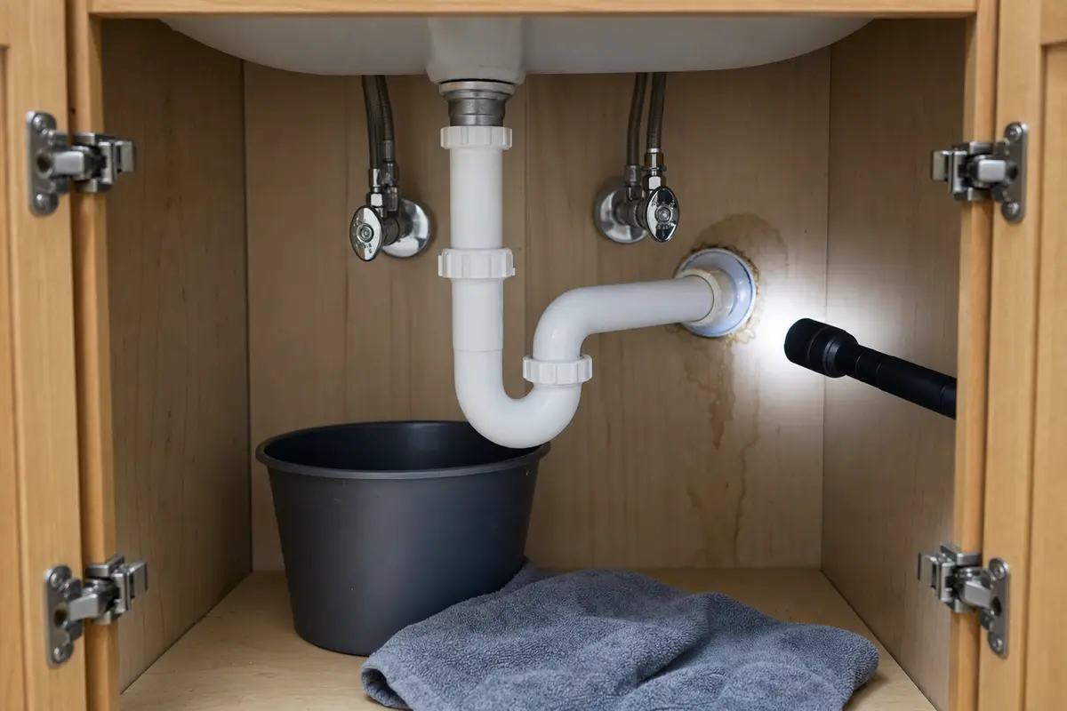 Bathroom sink wall-side trap arm inspection with bucket and flashlight